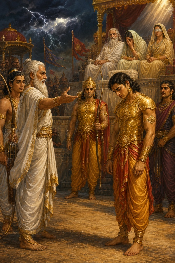 कृपाचार्य हाथ बढ़ाकर कर्ण से उसका कुल पूछते हुए, कर्ण सिर झुकाए मौन खड़ा