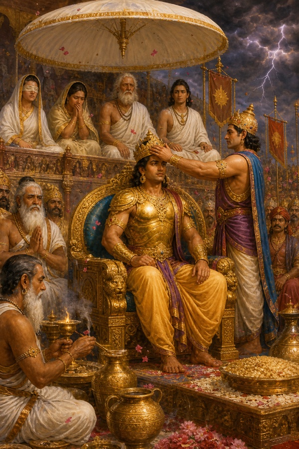 दुर्योधन सिंहासन पर बैठे कर्ण के सिर पर मुकुट रखकर उसे अंग देश का राजा बनाता हुआ