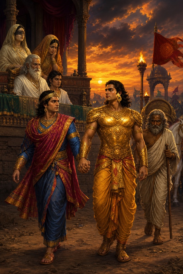 सूर्यास्त के समय दुर्योधन कर्ण का हाथ थामे रंगभूमि से बाहर ले जाता हुआ, पीछे लाठी लिए एक वृद्ध