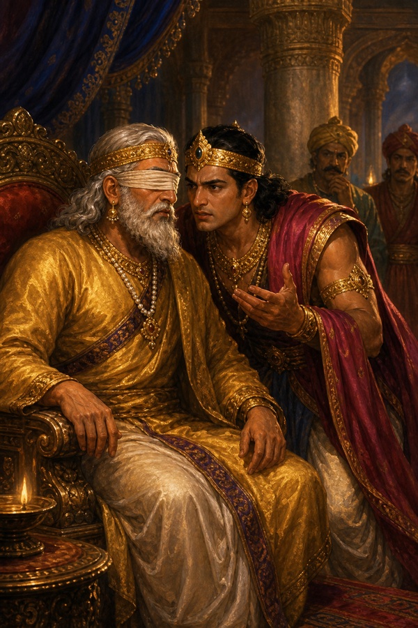 दुर्योधन नेत्रहीन वृद्ध राजा धृतराष्ट्र के कान के पास झुककर धीमे स्वर में कुछ कहता हुआ