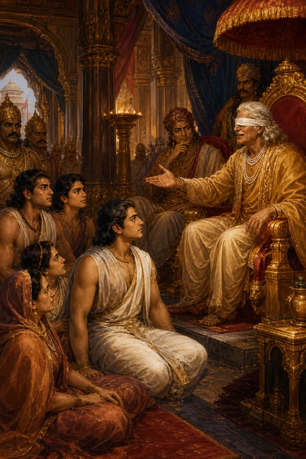 सिंहासन पर बैठे धृतराष्ट्र पाण्डवों और कुंती को वारणावत जाने की आज्ञा देते हुए, दरबारी सुनते