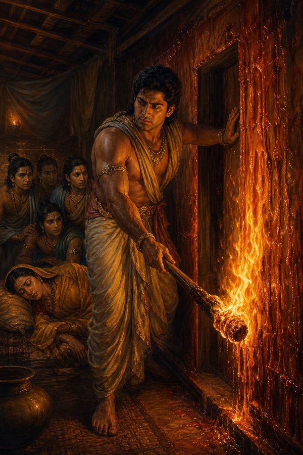 भीम जलती मशाल से लाक्षागृह की दीवार में आग लगाता हुआ, पीछे कुंती और भाई सुरंग की ओर