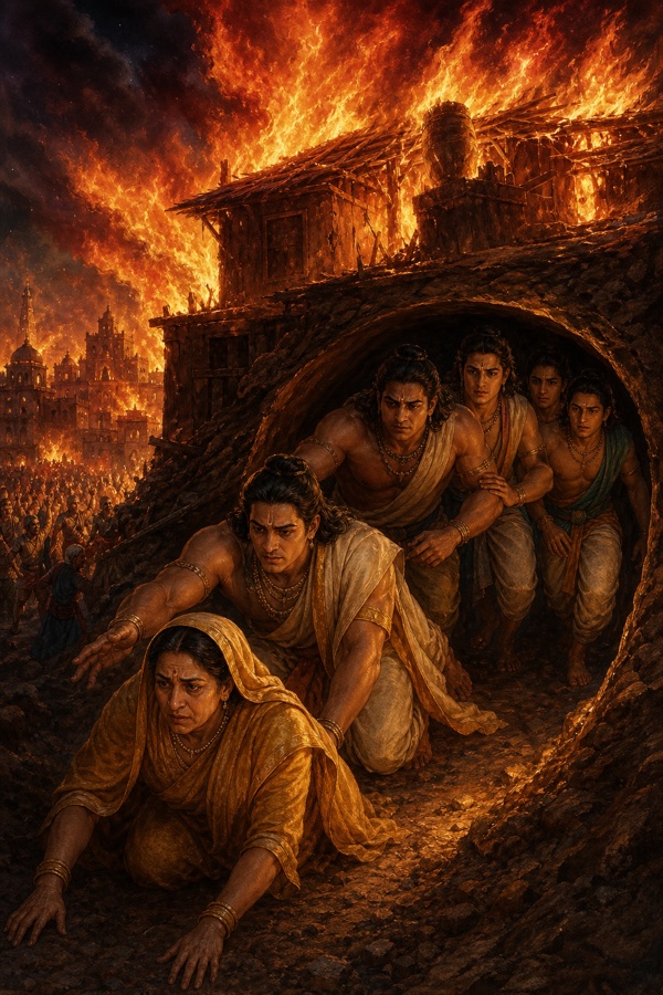 धधकते लाक्षागृह के नीचे बनी सुरंग से बाहर निकलते कुंती और पाँचों पाण्डव