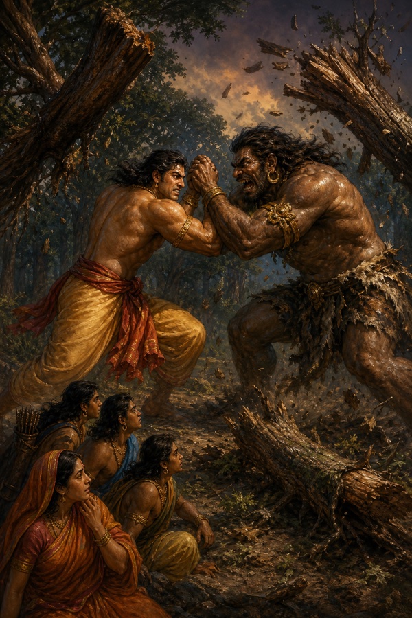 वन में भीम और राक्षस हिडिम्ब हाथ गूँथकर मल्ल-युद्ध करते हुए, कुंती और भाई देखते