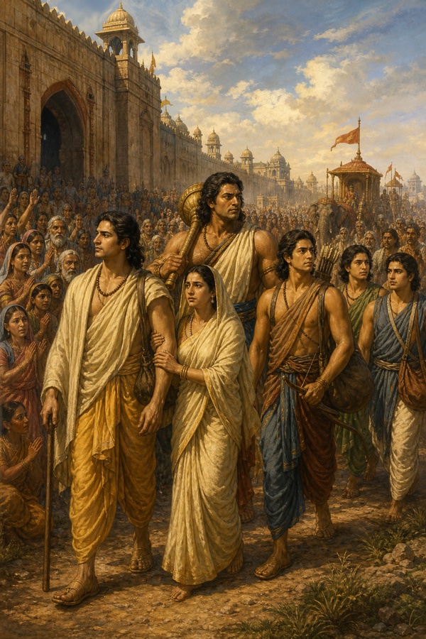 नगर से विदा होते पाँचों पाण्डव और कुंती, नागरिकों की भीड़ हाथ जोड़े मार्ग के दोनों ओर