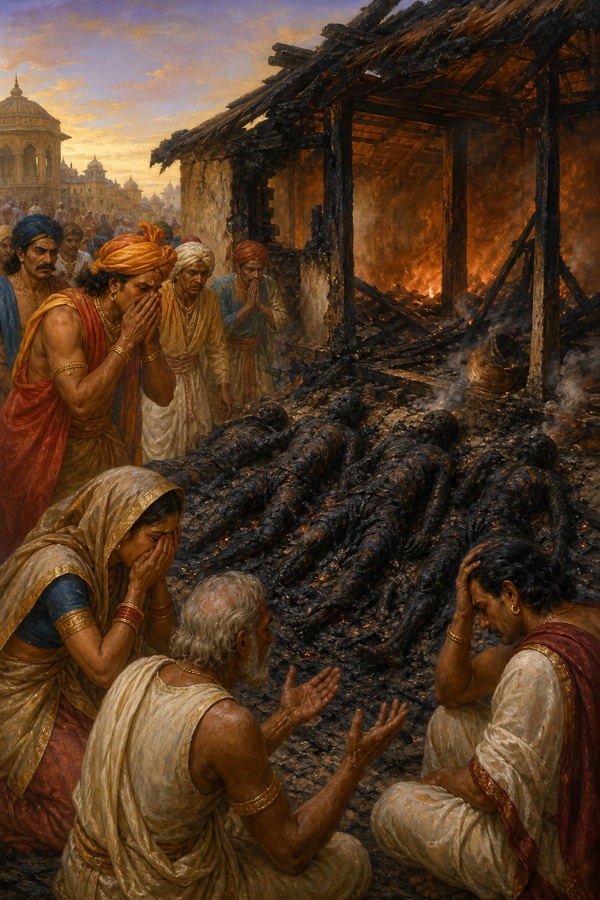 जले हुए लाक्षागृह के मलबे में झुलसे शव, वारणावत के नागरिक हाथ जोड़े विलाप करते हुए