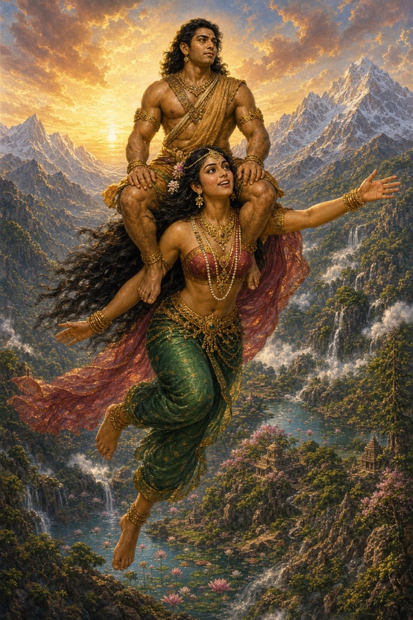 हिडिम्बा भीम को कंधों पर बिठाए पर्वतों, झरनों और वन के ऊपर आकाश-मार्ग से उड़ती हुई