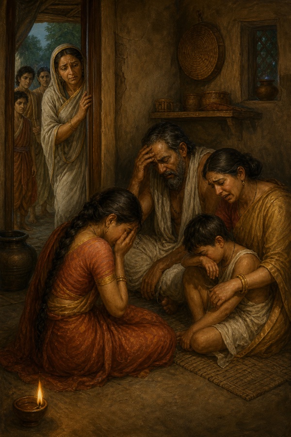 एकचक्रा के ब्राह्मण परिवार का घर में विलाप, द्वार पर खड़ी कुंती चिंतित होकर सुनती हुई
