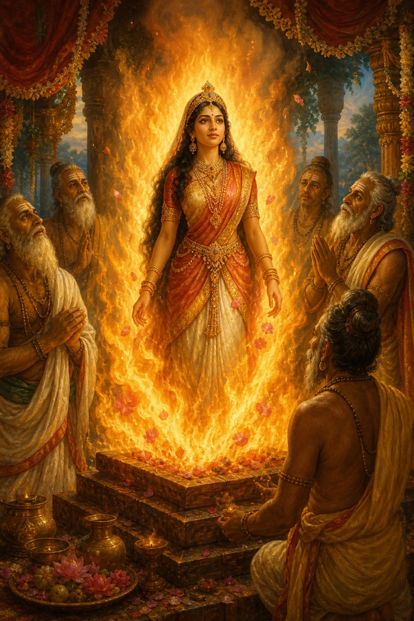 द्रौपदी यज्ञ की धधकती अग्नि से प्रकट हो रही हैं, चारों ओर ऋषि हाथ जोड़े खड़े हैं।