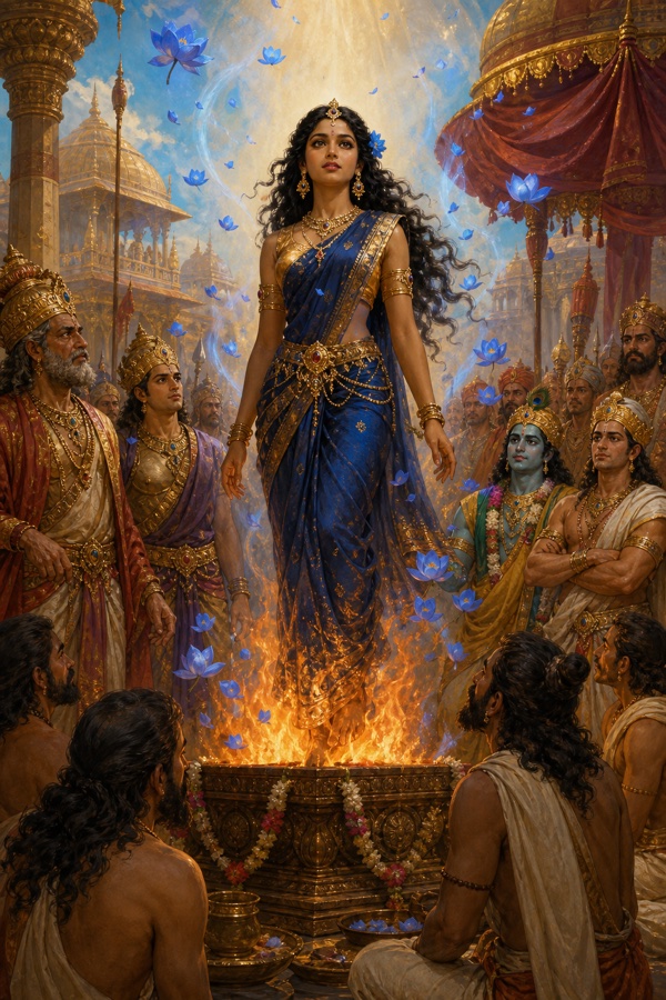 द्रौपदी वेदी की ज्वाला के ऊपर खड़ी हैं, आकाश से नीले कमल बरसते हैं, कृष्ण और राजा देखते हैं।