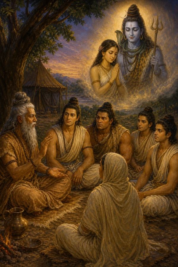 व्यास पांडवों और कुंती को कथा सुना रहे हैं, ऊपर शिव के सम्मुख वर माँगती कन्या का दृश्य है।