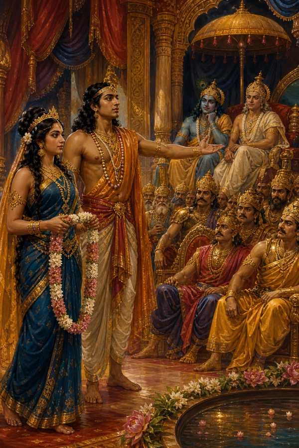 द्रौपदी वरमाला लिए खड़ी हैं और धृष्टद्युम्न स्वयंवर सभा में राजाओं की ओर संकेत कर रहे हैं।