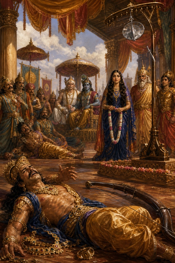 एक राजा धनुष चढ़ाने में विफल होकर सभा के बीच गिर पड़ा है, द्रौपदी माला लिए शांत खड़ी हैं।