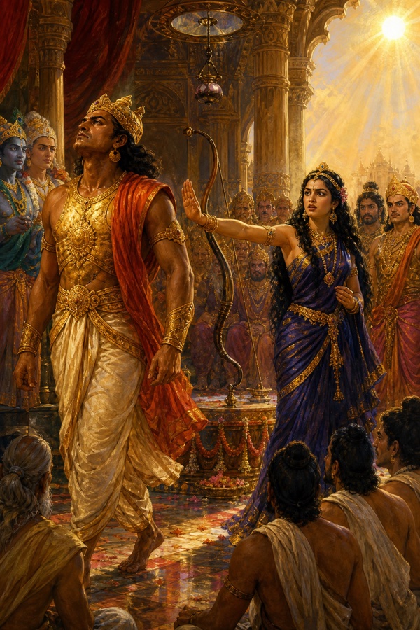 द्रौपदी हाथ उठाकर स्वर्ण कवचधारी कर्ण को धनुष की ओर बढ़ने से रोक रही हैं, सभा स्तब्ध देख रही है।