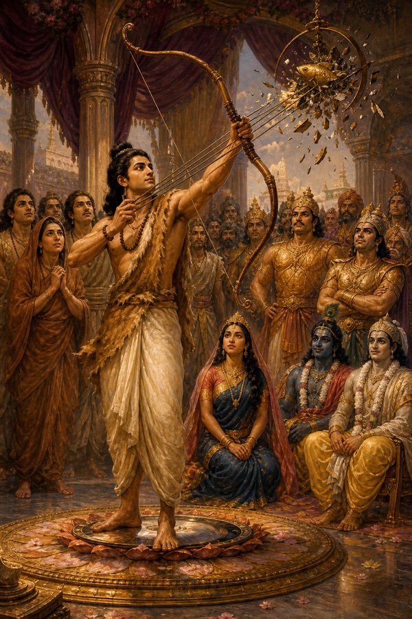 ब्राह्मण वेशधारी अर्जुन ने बाण से घूमती मछली की आँख बेध दी है, सभा विस्मय से देख रही है।