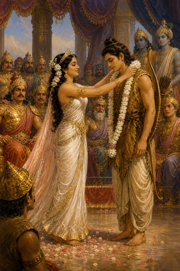 द्रौपदी मृगचर्मधारी अर्जुन के गले में वरमाला डाल रही हैं, चारों ओर राजा क्रोध और विस्मय से देखते हैं।
