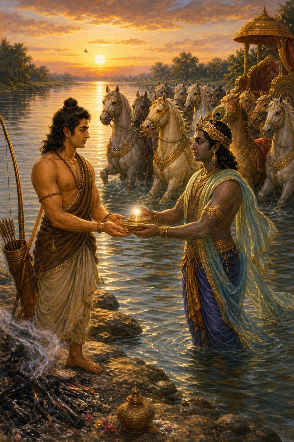गंधर्व अंगारपर्ण नदी में खड़ा होकर अर्जुन को तेजोमय उपहार दे रहा है, पीछे दिव्य अश्व खड़े हैं।