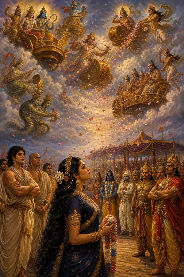 द्रौपदी वरमाला लिए आकाश की ओर देख रही हैं जहाँ देवता विमानों से पुष्प बरसा रहे हैं।