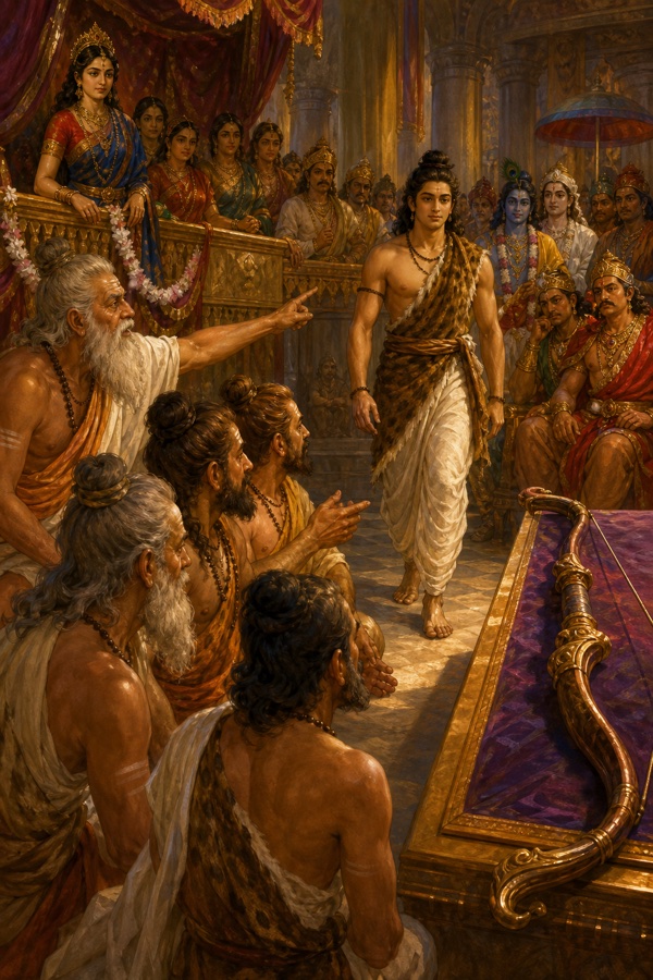 ब्राह्मण वेशधारी अर्जुन ब्राह्मणों की पंक्तियों के बीच से उठकर मंच पर रखे धनुष की ओर बढ़ रहे हैं।