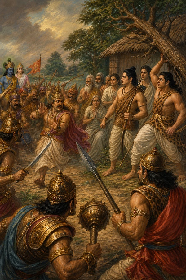 क्रुद्ध राजाओं के आक्रमण के बीच भीम वृक्ष उखाड़े खड़े हैं और अर्जुन धनुष लिए द्रुपद के आगे डटे हैं।