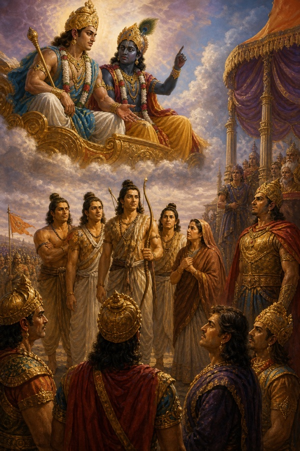 बादलों के आसन से कृष्ण बलराम को ब्राह्मण वेशधारी पाँचों भाइयों का रहस्य बता रहे हैं, नीचे राजा खड़े हैं।