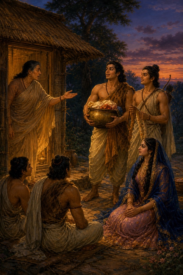 भिक्षा पात्र लिए लौटे भाइयों से कुटिया के द्वार पर कुंती कुछ कह रही हैं, पास द्रौपदी बैठी हैं।