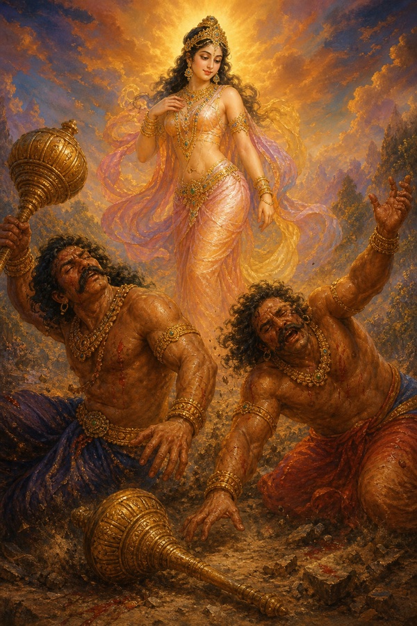 The asura brothers Sunda and Upasunda, maddened over Tilottama, smash each other with maces and fall bloodied like two suns dropped from the sky.