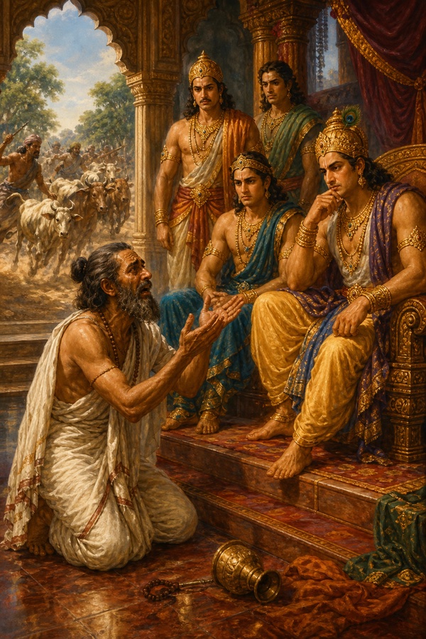 A grief-stricken brahmin bursts into Khandavaprastha lamenting that robbers have driven off his cattle and begging the Pandavas for help.