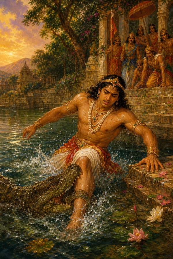 Arjuna plunges into the deserted sacred pool and a huge crocodile clamps onto his leg before he drags it ashore.