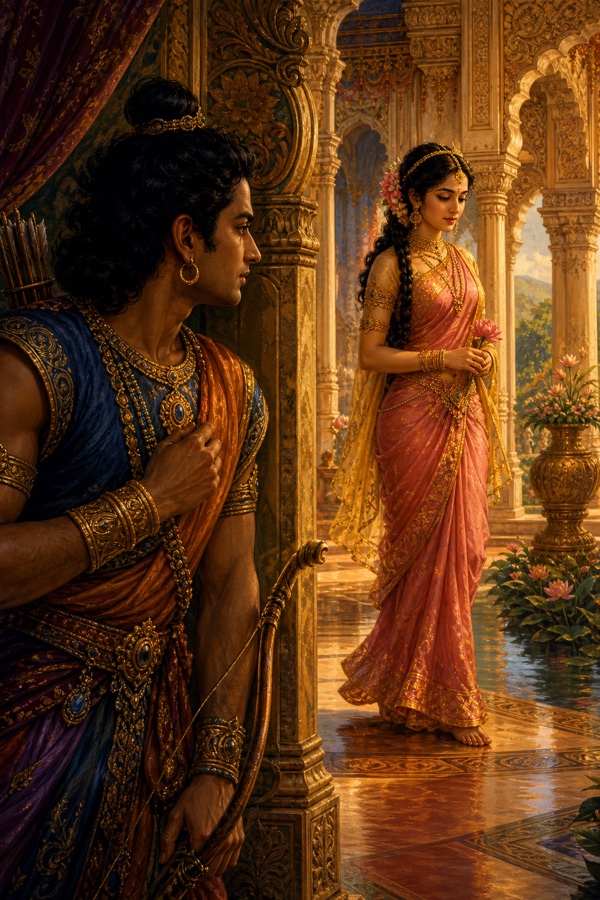 Arjuna beholds princess Chitrangada wandering in her father's palace at Manipura and is smitten with desire to win her.