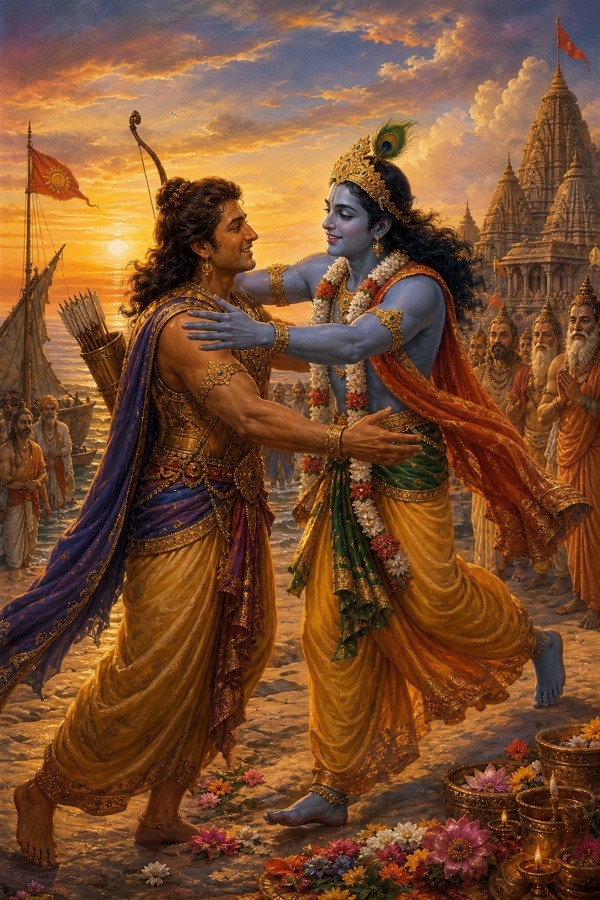 At sacred Prabhasa, Krishna hastens to embrace his friend Arjuna in a warm reunion of the ancient sages Nara and Narayana.