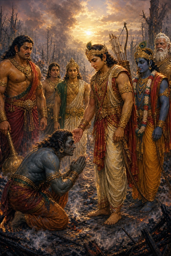 जले खांडव वन में मय दानव हाथ जोड़े घुटनों पर बैठा है, अर्जुन और श्रीकृष्ण उसे अभय देते हैं।