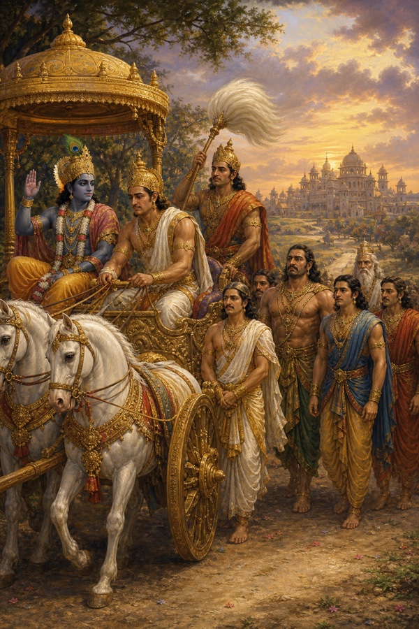 श्रीकृष्ण एक राजकुमार के साथ श्वेत अश्वों वाले स्वर्ण रथ पर सवार हैं, पीछे योद्धा पैदल चलते हैं।