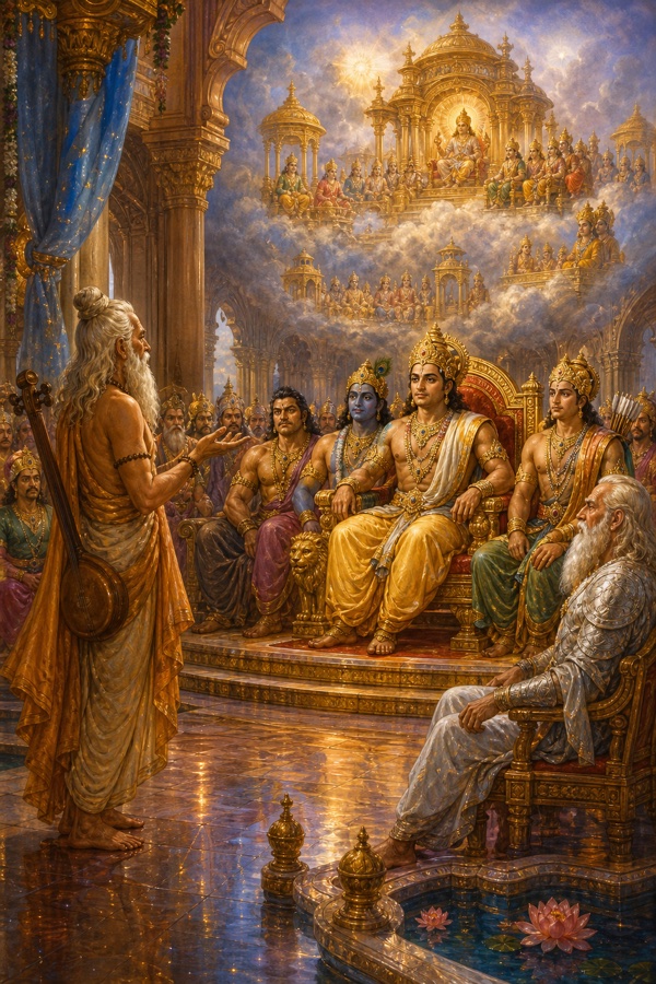 देवर्षि नारद वीणा लिए युधिष्ठिर की सभा में देव-सभाओं का वर्णन करते हैं, ऊपर बादलों में दिव्य लोक दिखते हैं।