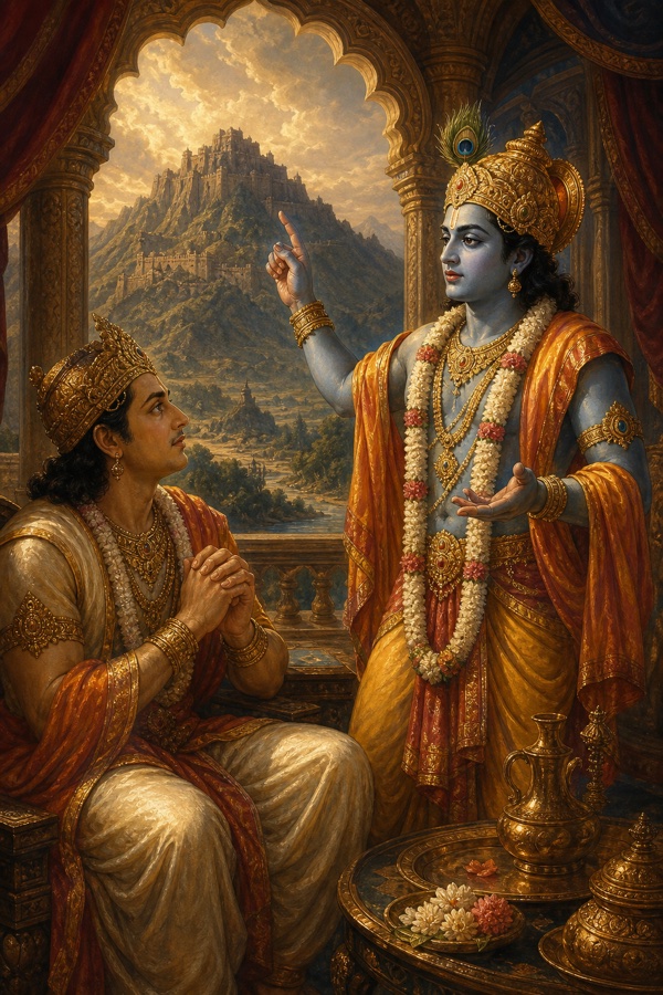 श्रीकृष्ण झरोखे से पर्वत पर बसे दुर्ग की ओर उंगली उठाकर बैठे युधिष्ठिर को जरासंध का बल समझाते हैं।
