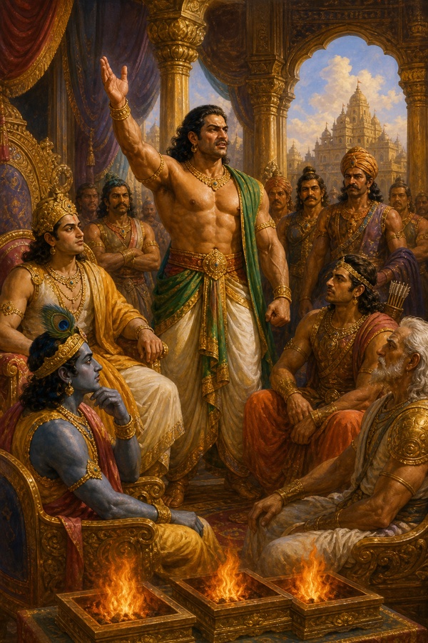 भरी सभा में एक बलशाली योद्धा हाथ उठाकर बोलता है, सामने अग्निपात्र जलते हैं और श्रीकृष्ण चिंतन में बैठे हैं।