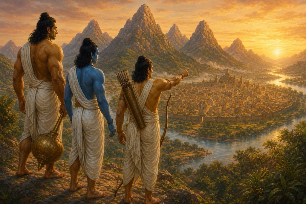 भीम, श्रीकृष्ण और अर्जुन पहाड़ी से जरासंध की नगरी गिरिव्रज को निहारते हैं, नीचे नदी से घिरी बस्ती फैली है।