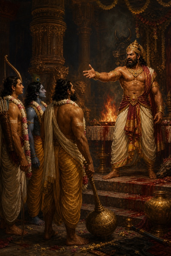 जरासंध अपने महल में माला पहने आए श्रीकृष्ण, भीम और अर्जुन पर क्रोध से हाथ फैलाकर गरजता है।