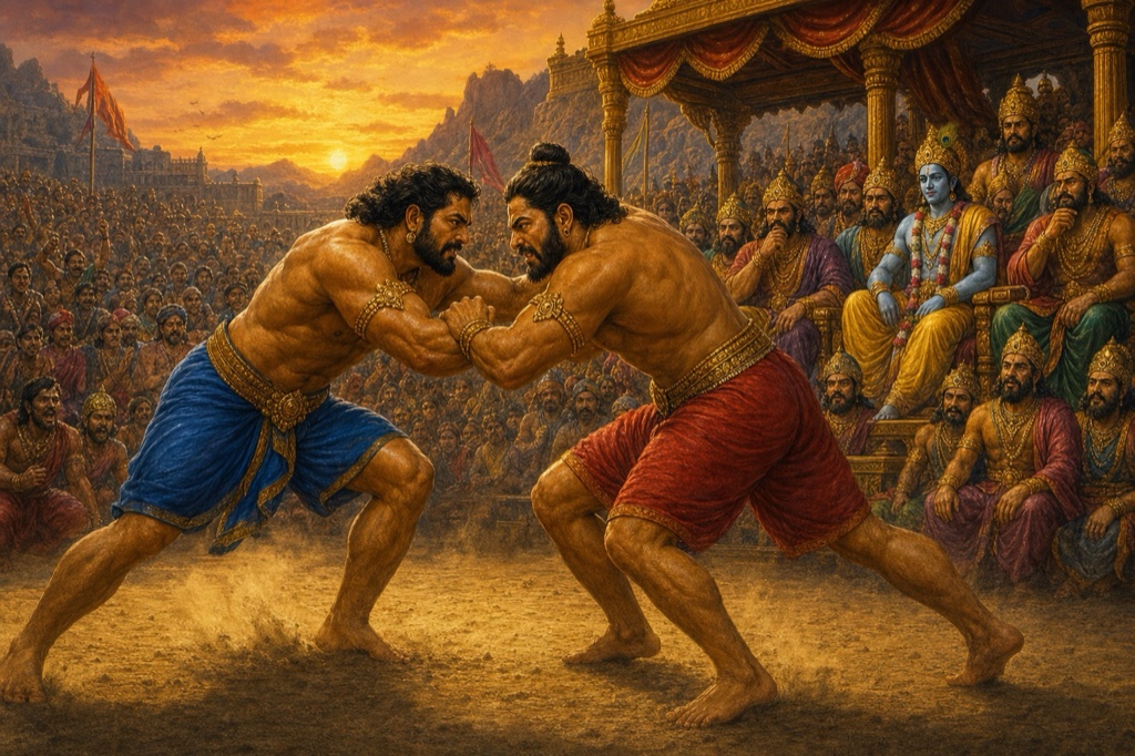 अखाड़े में भीम और जरासंध मल्लयुद्ध में भिड़े हैं, श्रीकृष्ण और राजाओं की भीड़ ढलते सूरज में देखती है।