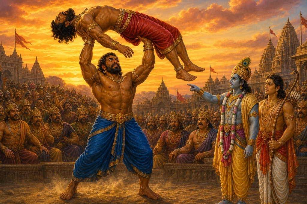 भीम जरासंध का शरीर सिर के ऊपर उठाए खड़े हैं, पास श्रीकृष्ण संकेत करते हैं और भीड़ देखती है।