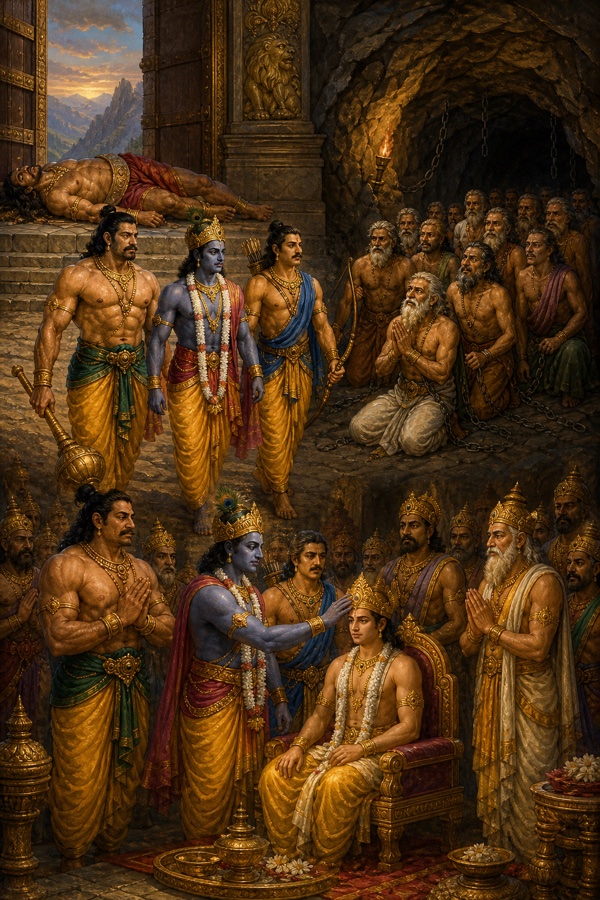 जरासंध-वध के बाद बंदी राजा बेड़ियों से छूटते हैं और श्रीकृष्ण उसके पुत्र सहदेव का राज्याभिषेक करते हैं।