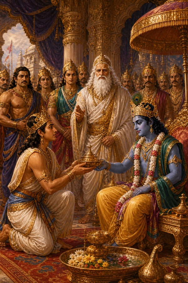 राजसूय यज्ञ में सहदेव झुककर श्रीकृष्ण को अग्रपूजा का अर्घ्य-पात्र भेंट करते हैं, पीछे भीष्म और राजा खड़े हैं।