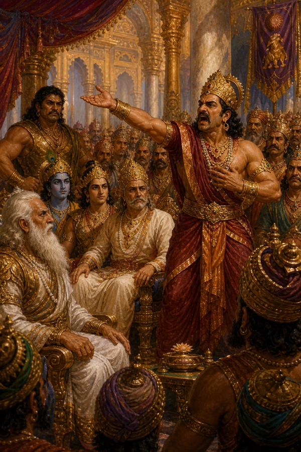 शिशुपाल भरी सभा में बांह फैलाकर श्रीकृष्ण की अग्रपूजा का विरोध करता है, भीष्म और राजा सुनते हैं।