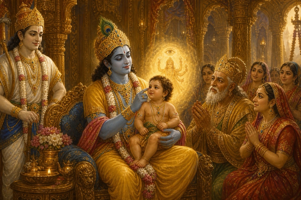 बालक शिशुपाल श्रीकृष्ण की गोद में बैठा है, पीछे उसकी अतिरिक्त आंख और भुजाओं वाला रूप प्रकाश में घुलता है।