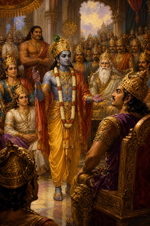 श्रीकृष्ण सभा के बीच खड़े होकर उंगली उठाए शिशुपाल के अपराध गिनाते हैं, राजा स्तब्ध सुनते हैं।