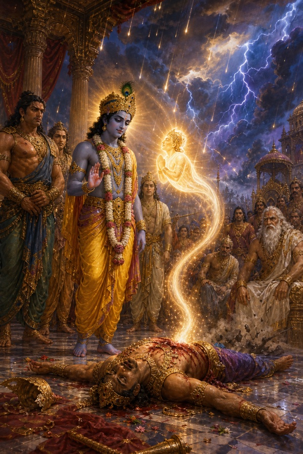 शिशुपाल के मृत शरीर से निकली ज्योति श्रीकृष्ण में समा जाती है, आकाश में बिजलियां चमक रही हैं।
