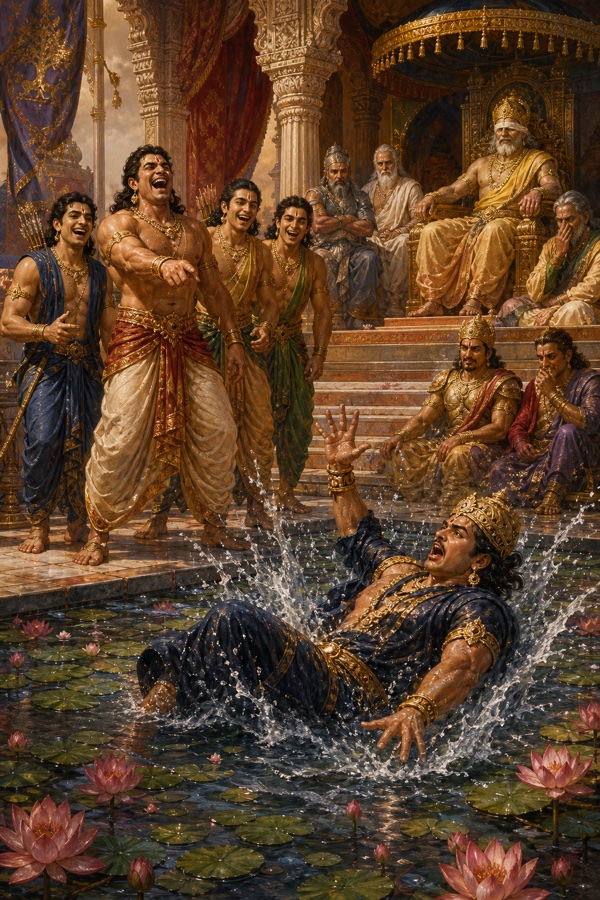 मयसभा में जल-कुंड को फर्श समझकर गिरे दुर्योधन पर भीम खुलकर हंसते हैं, दरबारी भी हंसी रोक नहीं पाते।