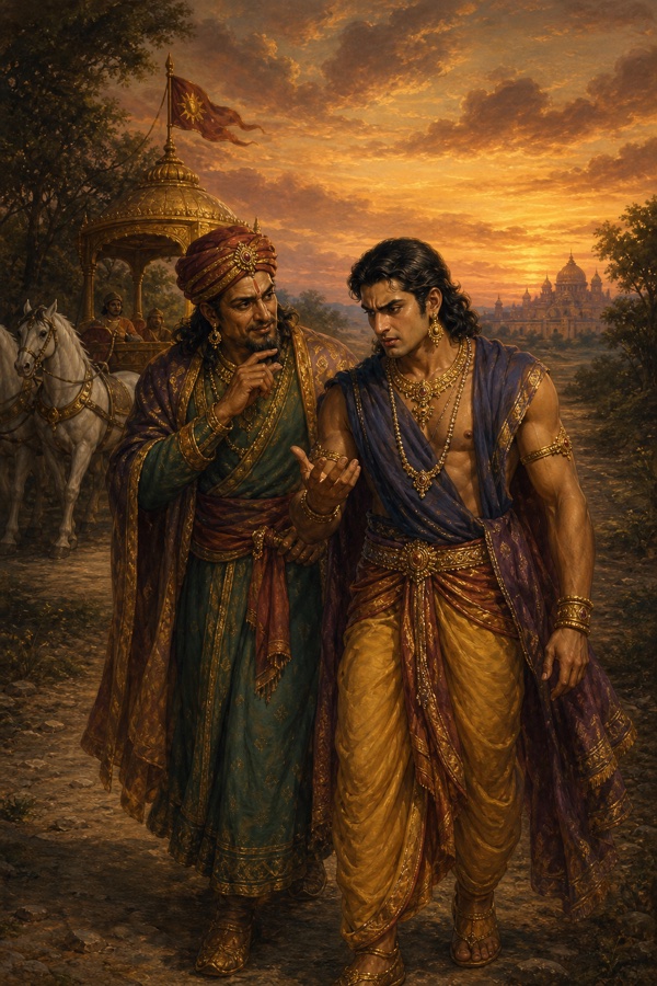 संध्या के मार्ग पर शकुनि उदास दुर्योधन के कान में जुए की चाल सुझाता है, पीछे रथ खड़ा है।
