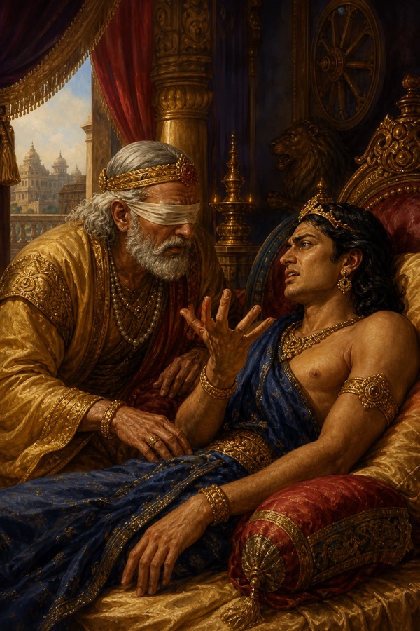 नेत्रों पर पट्टी बांधे धृतराष्ट्र शय्या पर पड़े व्याकुल दुर्योधन पर झुककर उसे समझाते हैं।