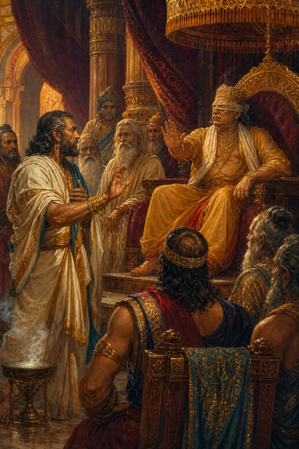 विदुर धृतराष्ट्र को जुए के विरुद्ध चेताते हैं, पर सिंहासन पर बैठे राजा हथेली उठाकर मना कर देते हैं।
